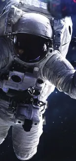 Astronaut floating in dark space surrounded by stars and celestial objects.