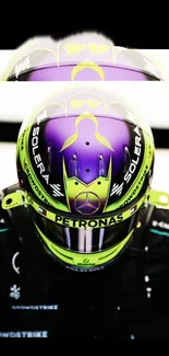 Vibrant racing helmet with purple and green accents.