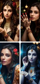 Elegant portrait wallpaper with henna designs and vibrant colors.