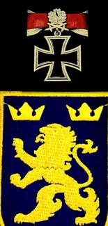 Heraldic lion emblem with crowns on black background.