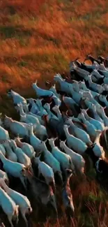 Herd of goats moving through a sunlit field at sunset.