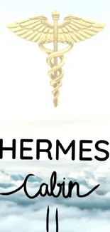 Hermes Cabin wallpaper with golden caduceus over clouds.