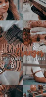 Hermione Granger inspired cozy autumn wallpaper with magical elements.