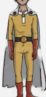 Illustration of a superhero with yellow costume and cape on white background.