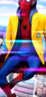 Superhero in yellow jacket with headphones on cityscape background.