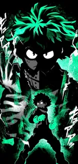 Anime hero in green and black with dynamic style for mobile wallpaper.