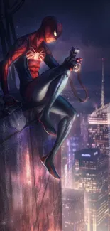 Superhero overlooking cityscape at night, vibrant urban view.