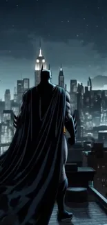 Superhero overlooks a nighttime cityscape with a flowing cape.