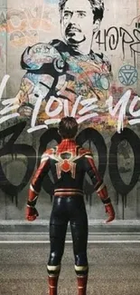 Superhero in front of graffiti wall with tribute message.