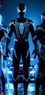 Three heroes pose dramatically in night cityscape.