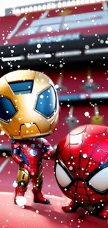 Cute superhero figurines in a snowy stadium setting.