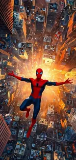 Superhero soaring over an exploding cityscape.