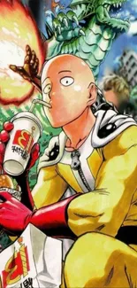 Anime hero sipping drink in a vibrant action scene.