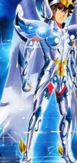 Anime hero in futuristic armor with vibrant blue background.