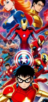 Epic anime crossover featuring iconic superheroes in vibrant colors.