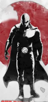 Anime hero in black and white with a bold red circle backdrop.