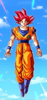 Anime hero in colorful attire against a blue sky.