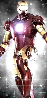 Heroic figure in high-tech armor set against a dynamic dark background.