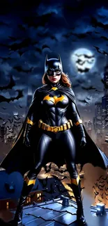 Batgirl stands heroically at night in Gotham City.