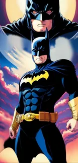 Animated Batman in a dynamic heroic pose, set against a vivid backdrop.