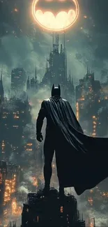 Batman standing over Gotham city skyline at night.