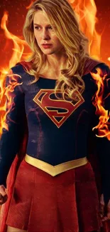 Superhero with fiery flames wallpaper, featuring a bold heroic figure.