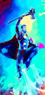 Vibrant superhero with blue lightning in action-packed scene.