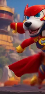 Animated superhero dog in a vibrant red suit leaping heroically.