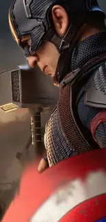 Heroic captain with shield and hammer in action scene.