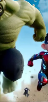 Colorful cartoon action scene with superheroes.