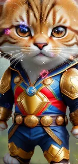 Adorable cat dressed in a vibrant fantasy superhero costume.