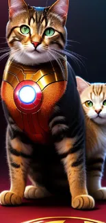 Two superhero cats with glowing armor on a dark backdrop.