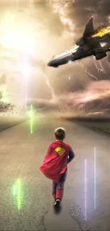 A child in superhero outfit runs as an airplane explodes in the sky.