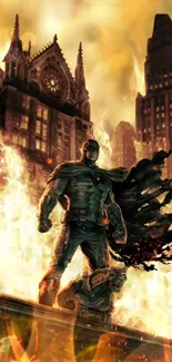 Heroic figure in a fiery urban cityscape wallpaper.