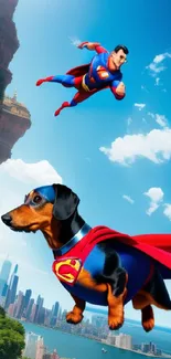 Superhero and dog flying over cityscape in vibrant scene.