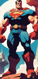 Cartoon superhero stands strong with a dynamic backdrop.