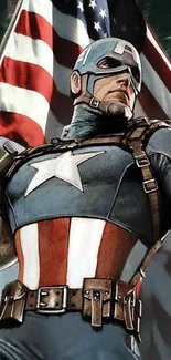 Comic-style superhero standing with American flag backdrop.