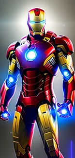 Futuristic red and gold armored hero glowing with blue energy.