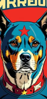 Bold superhero dog illustration with vibrant colors and pop-art style.