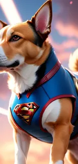 Dog in superhero costume with blue sky backdrop.