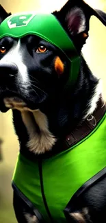 Heroic dog in green superhero outfit on wallpaper