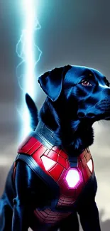 A black dog in a superhero suit with a lightning bolt background.