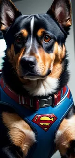 A dog in a superhero suit with bold blue colors.