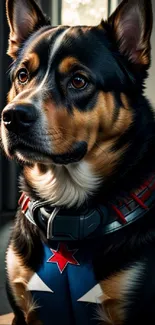 Striking image of a heroic dog in a themed outfit with expressive eyes.