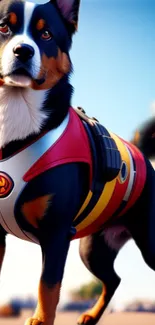 Animated superhero dog with vibrant suit in urban setting.