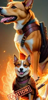 Heroic dogs in fiery armor with a caution sign on a phone wallpaper.