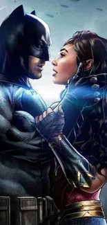 Superhero characters in a dramatic embrace on mobile wallpaper.