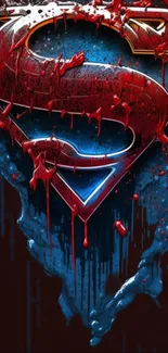 Red and blue superhero emblem wallpaper with artistic drips.