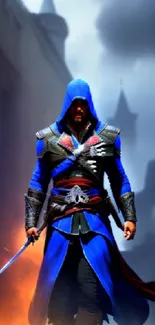 Dynamic fantasy warrior in a blue cloak setting.