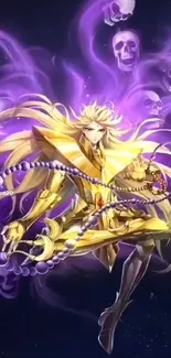 Golden armored anime character with purple energy and skulls.